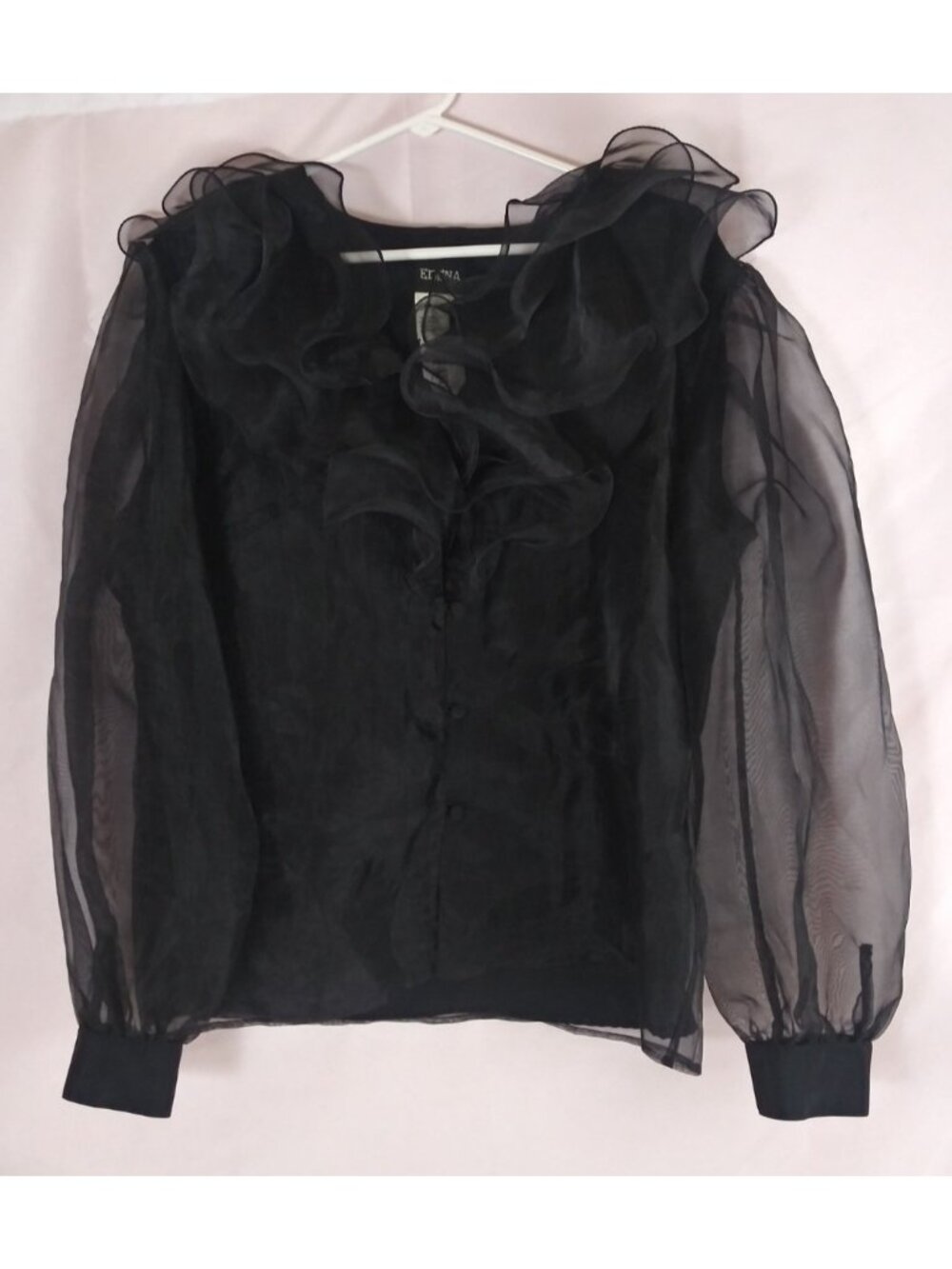 NWT Erena Women's Black Sheer Lined Ruffle Button-Up Blouse Size 12